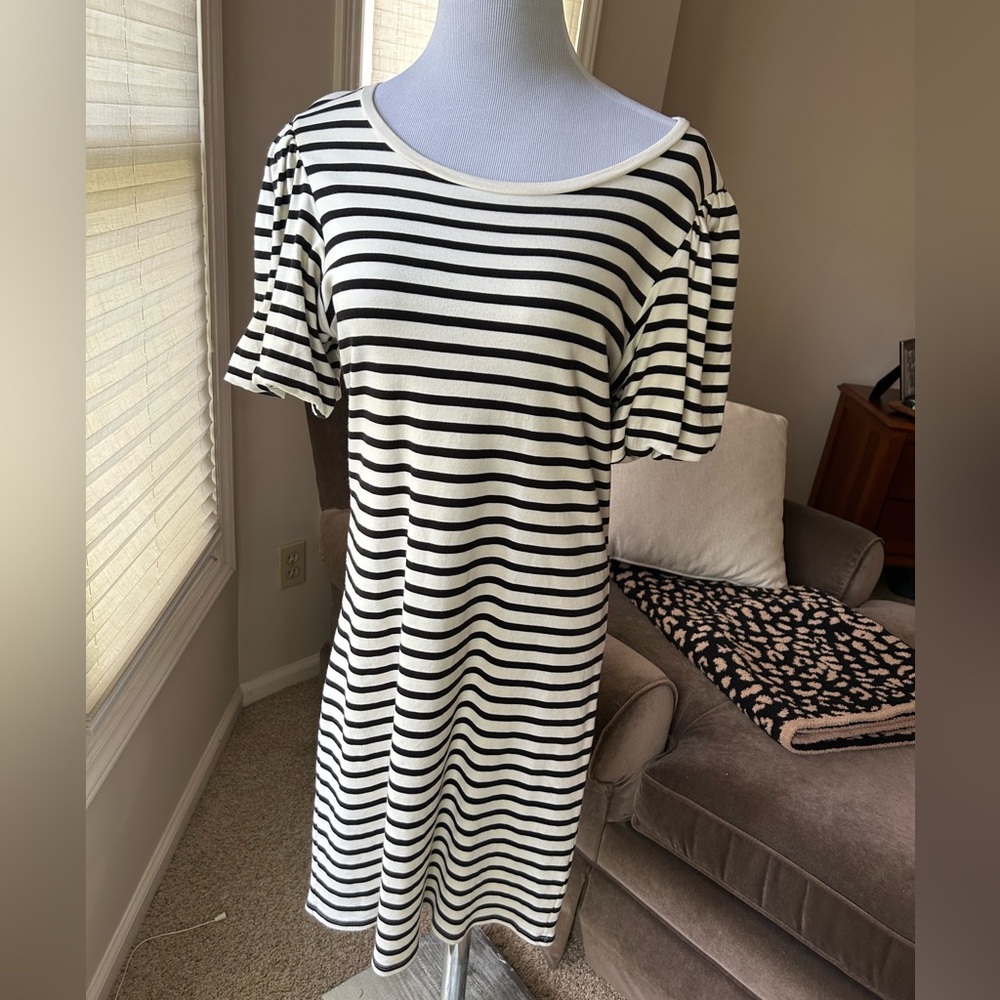 Black & White sheath dress with ruffle sleeves.